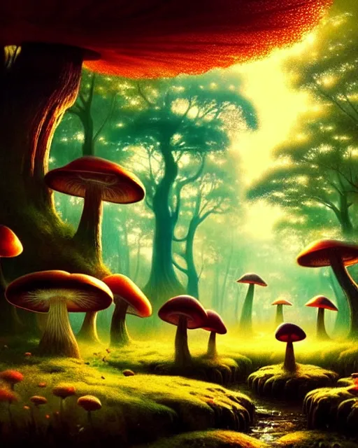 Prompt: magical enchanted mushroom forest, scenery wallpaper aesthetic, beautiful, cinematic, dramatic, super detailed and intricate, by koson ohara, by darwyn cooke, by greg rutkowski, by satoshi kon