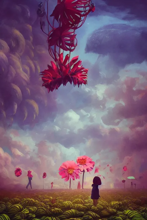 Image similar to closeup, giant flower as a head, girl surrounded by monsteras, surreal photography, wind and cold, dramatic sky, impressionist painting, digital painting, artstation, simon stalenhag