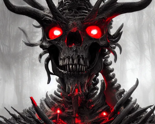 Image similar to 5 5 mm portrait photo of an armored demonic human skeleton with horns and red eyes, in a magical forest. dark atmosphere. art by greg rutkowski. highly detailed 8 k. intricate. lifelike. soft light. nikon d 8 5 0.