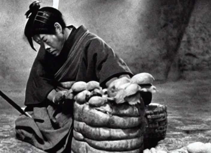 Image similar to a movie still of a samurai slicing a loaf of bread, a movie by Akira Kurosawa