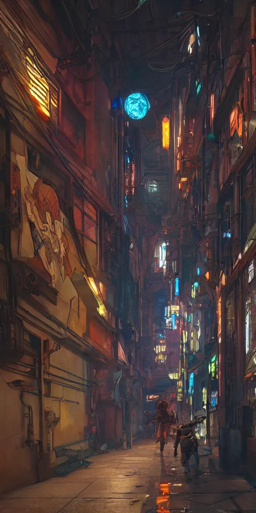 Image similar to cyberpunk alley, alphonse mucha, 8 k, raytracing, unreal engine 5,