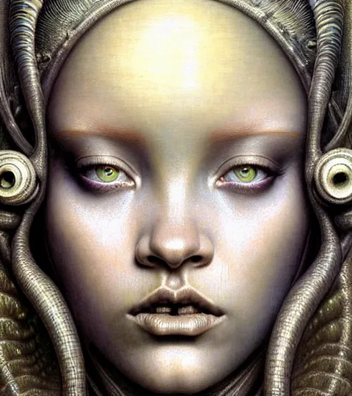 Prompt: detailed realistic beautiful young medieval alien robot rihanna face portrait by jean delville, gustave dore and marco mazzoni, art nouveau, symbolist, visionary, gothic, pre - raphaelite. horizontal symmetry by zdzisław beksinski, iris van herpen, raymond swanland and alphonse mucha. highly detailed, hyper - real, cyberpunk, fractal baroque