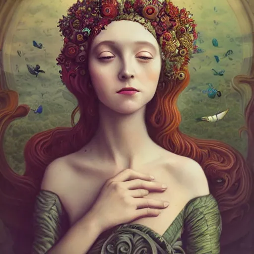 Prompt: a hyperrealistic detailed portrait of young woman in renaissance dress and a surreal renaissance headdress, glass face, very surreal garden, cyberpunk, surreal tea party, strange creatures, by christian schloe and botticelli, naotto hattori, amy sol, roger dean, moody colors