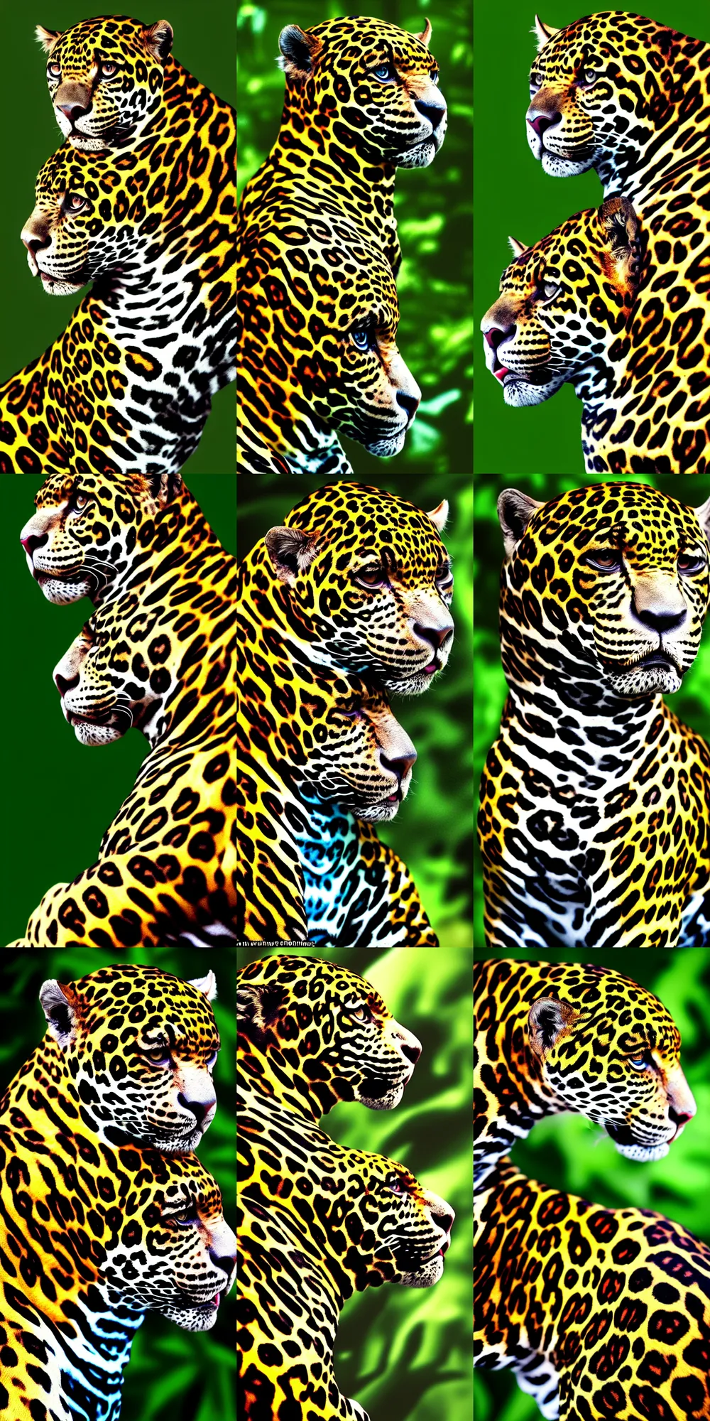 Prompt: A jaguar anthropomorph, the CEO of the Pan-Amazonian Corporate Reserve (est. 2047), ponders his next move