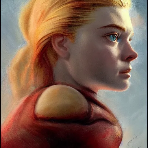 Prompt: ultra realistic medium shot portrait painting of elle fanning in metroid, art by frank frazetta, 4 k, ultra realistic, highly detailed, epic lighting