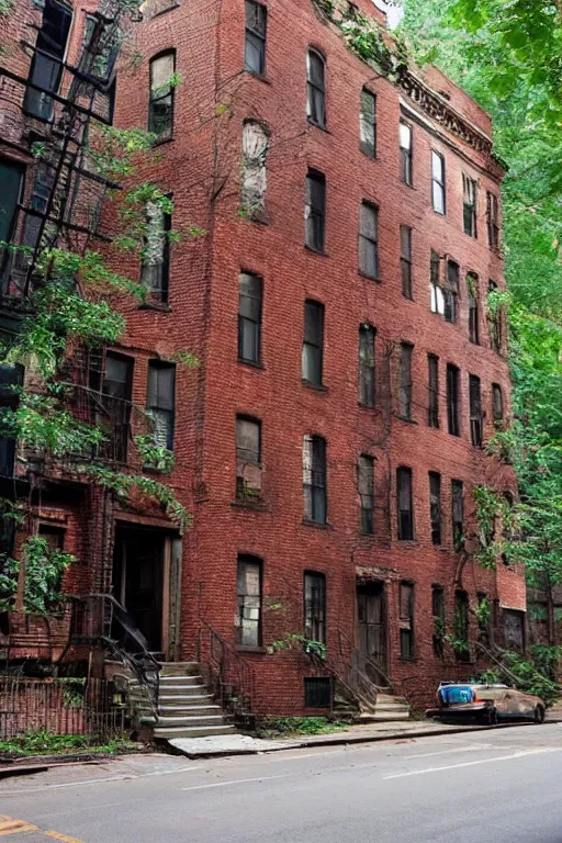 Prompt: (((((a ramshackle Manhattan brick brownstone deep in the forest))))) by Calder Moore!!!!!!!!!!!!!!!!!!!!!!!!!!!