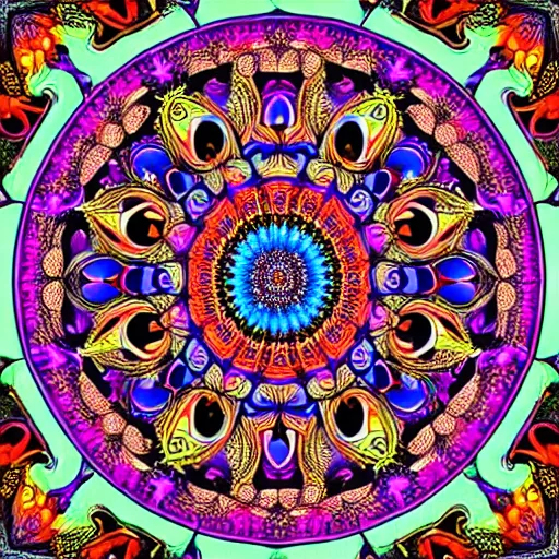 Image similar to vividly colored ornate psychedelic mandala pattern, intricate detail, complex patterns, high detail, symmetry