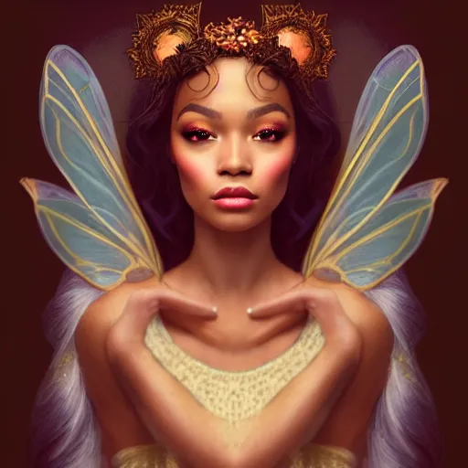 Prompt: vintage portrait of fairy goddess, zoom, rule of thirds, atmosphere, intricate, regal, latinas, ( brown skin ), symmetrical!!, loreal, maybelline, sephora, loreal, artstation, art by artgerm, moody, ( ( cinematic ) ) concept art, filmic, vsco