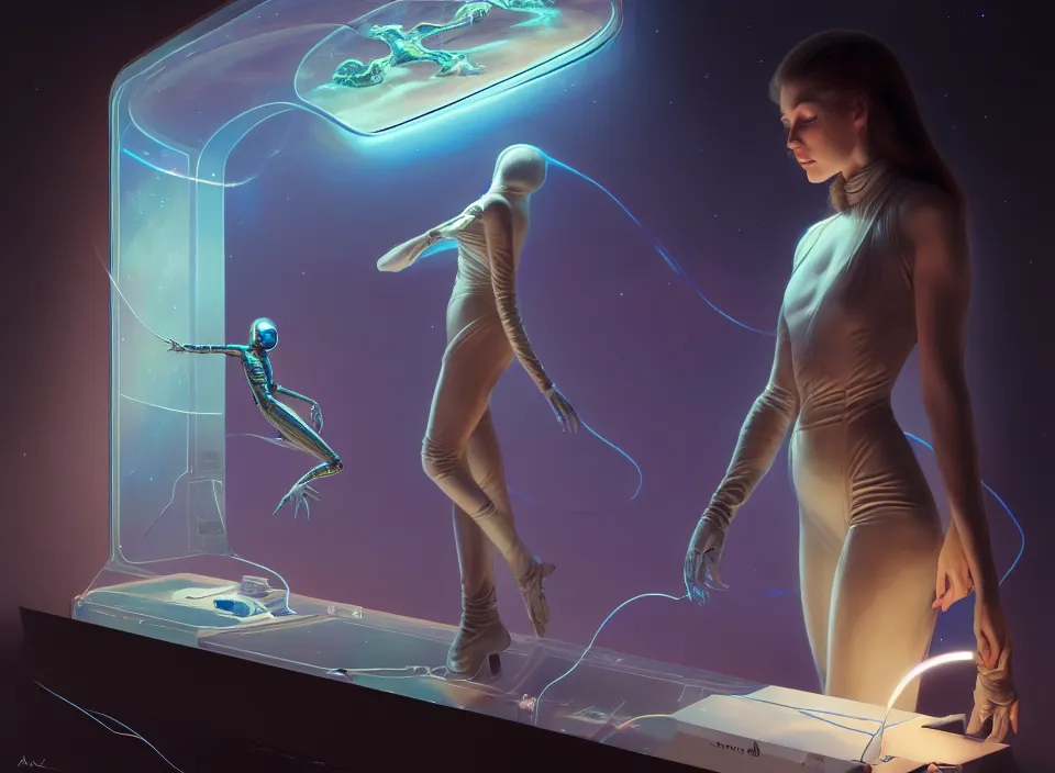 Prompt: beauty young space woman analysing in a hologram with alien artifacts, electrical case display, loose wiring, 80s Aliens tech, ultrarealistic, dramatic lighting, electrical details, high details, 4k, 8k, best, accurate, trending on artstation, artstation, photorealism, ultrarealistic, digital painting, style of Peter Mohrbacher and Boris Vallejo and Wayne barlowe