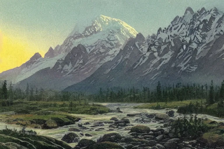 Image similar to a vintage postcard illustration of an epic landscape scene of the three sisters mountains in canada, with snow on its peak, at sunrise in springtime, with a small river in the foreground, by hiroshi yoshida, atmospheric, volumetric lighting, rolling fog, breathtaking, highly detailed