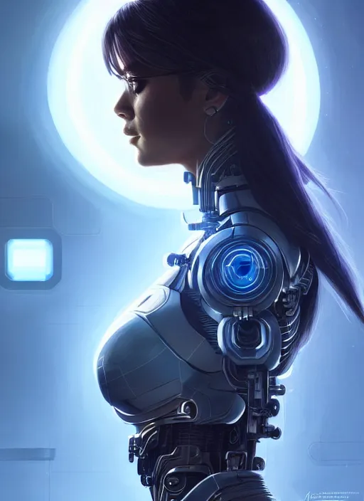 Image similar to portrait of female cyborg as cortana, mila kunis, intricate, elegant, glowing lights, highly detailed, digital painting, artstation, glamor pose, concept art, smooth, sharp focus, illustration, art by artgerm and greg rutkowski, artey freytag