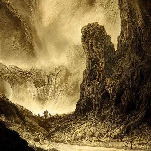 Prompt: intricate, detailed, haunting painting of Caelid landscape and its monsters by Rembrandt, concept art, illustration