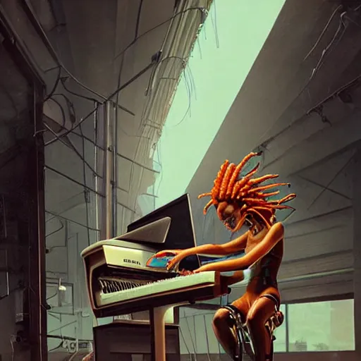 Image similar to short dreds - cyberpunk deities made of elastic bands, beautiful, recording music in a stuido, another person made of elastic bands on a piano | hyperrealistic oil painting | by makoto shinkai, ilya kuvshinov, lois van baarle, rossdraws, basquiat | afrofuturism, in the style of surrealism, trending on artstation |