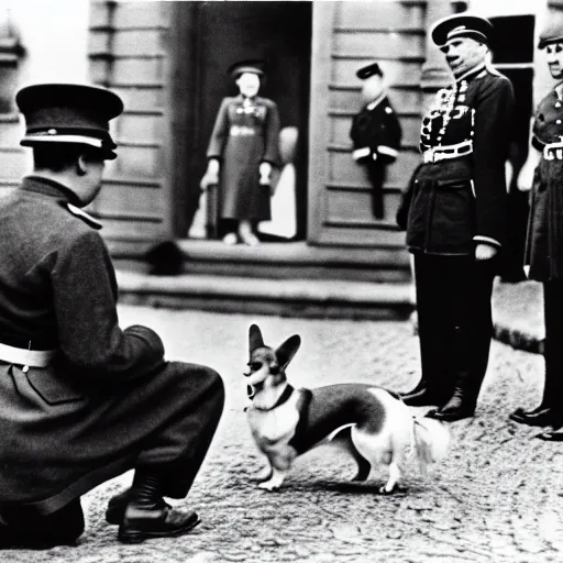 Prompt: ultra wide 1 9 4 6 blurry historical photo of a single german general kneeling, a young queen elizabeth watches him, french village exterior, her brown and white corgis are next to her, highly detailed, sharp focus