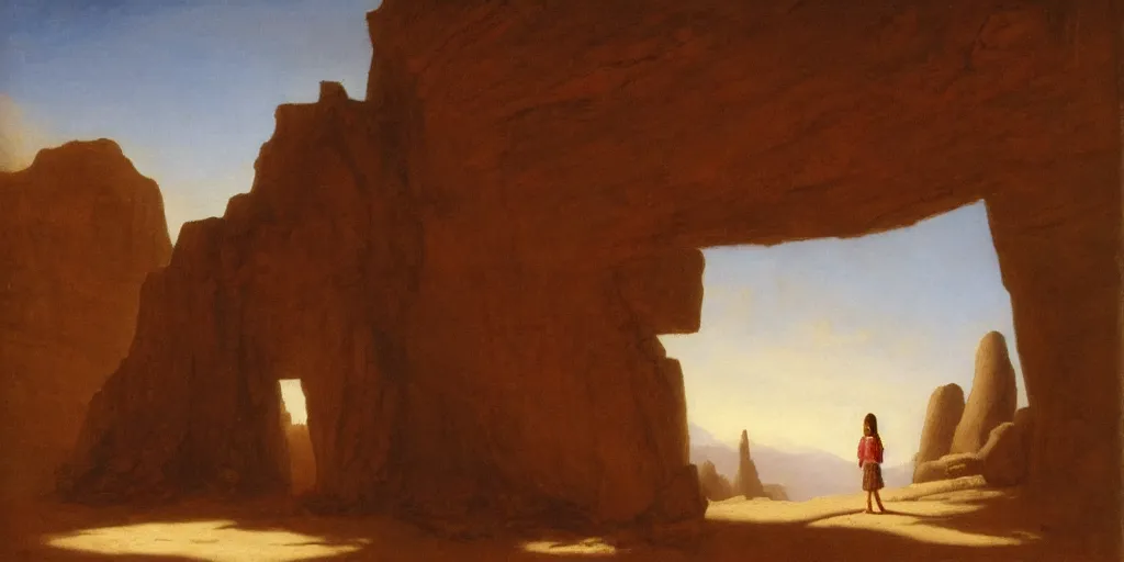 Prompt: a young girl stands next to a stone giant, shadow of the colossus, in front of a temple, in a large desert cave, dramatic lighting, hudson river school