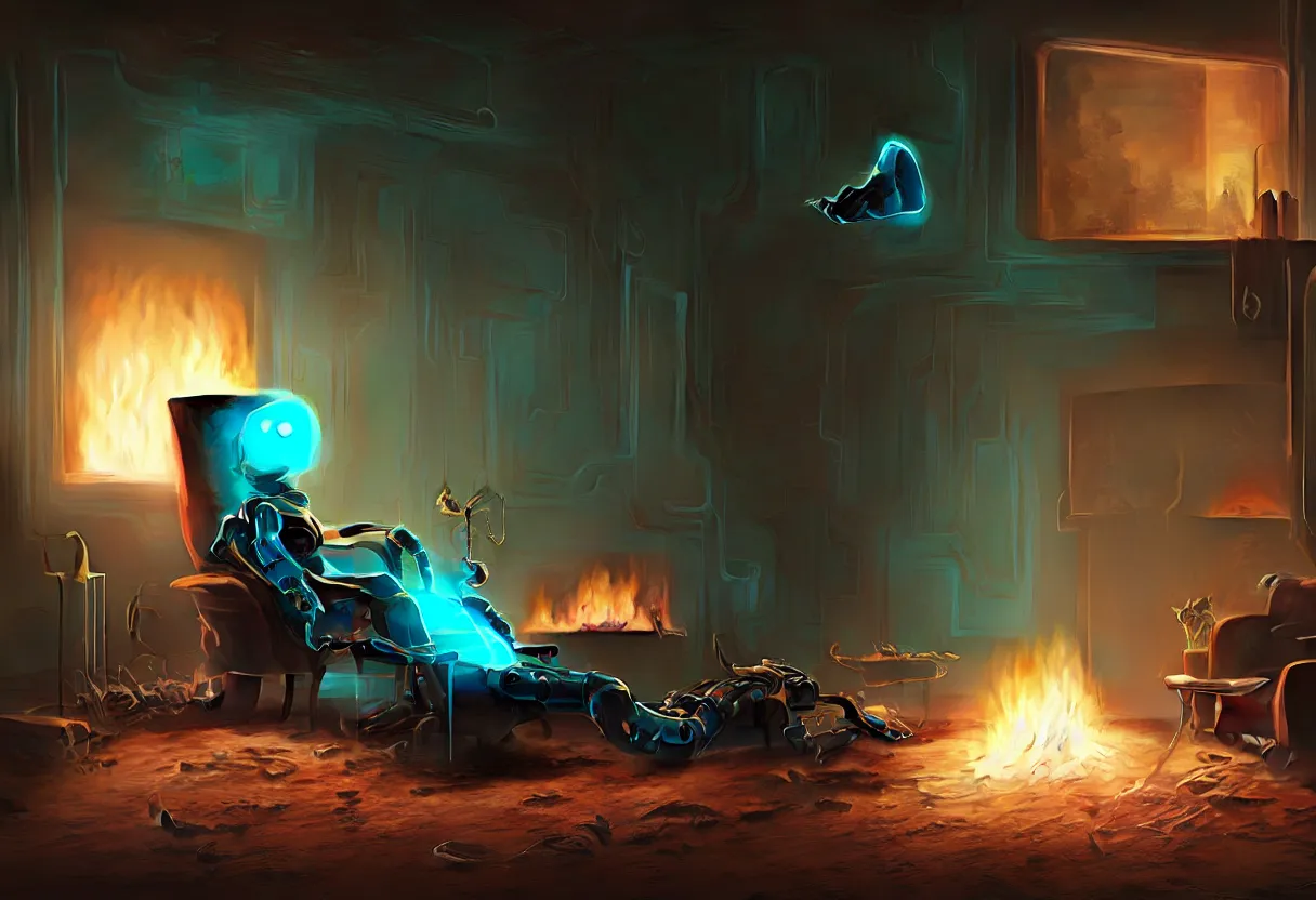 Prompt: A closeup portrait of a lone solitary cyan and brown decaying futuristic robot seated on a fainting couch facing a roaring fire in a huge fireplace in a dusty Victorian home, cold blue light from the window, with cinematic lighting and lens flare, tall ceiling, octane render, by Simon Stalenhag and Gregory Crewdson and Alfonso Cuaron, award-winning highly detailed 8k anamorphic closeup tight cinematic movie photograph