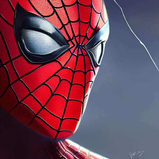 Image similar to spiderman closeup portrait, dramatic light, lake background, 2 0 0 mm focal length, painted by stanley lau, painted by greg rutkowski, painted by stanley artgerm, digital art, trending on artstation