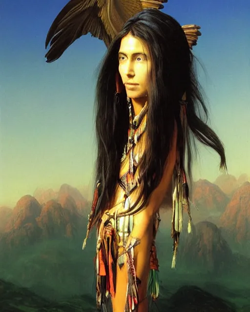 Prompt: beautiful female American Indian, long flowing hair, standing in a fantasy environment, realistic oil painting by Thomas Cole and Wayne Barlowe