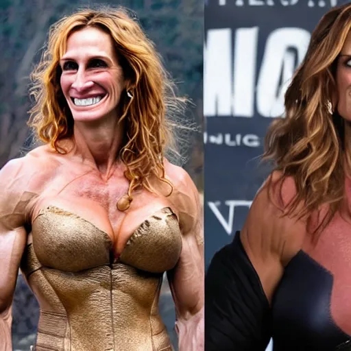 Prompt: first photos of 2 0 2 4 female 3 0 0 remake - muscular julia roberts as leonidas, put on 1 0 0 pounds of muscle, looks different, steroids, hgh, ( eos 5 ds r, iso 1 0 0, f / 8, 1 / 1 2 5, 8 4 mm, postprocessed, crisp face, facial features )