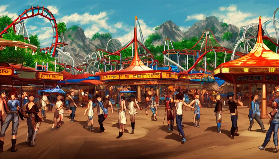 Image similar to concept art from a amusement park on a old civilization as a scenario background of kof snk 2 0 0 0 by jama jurabaev, cel shaded, cinematic shot, trending on artstation, high quality, brush stroke, amusement park on a old civilization