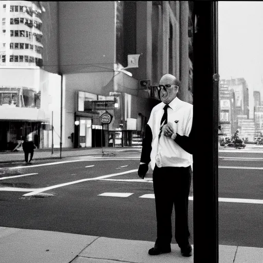Prompt: Rudy Giuliani standing on the corner begging for change. Confused, sweaty, delirious and unhinged. CineStill.