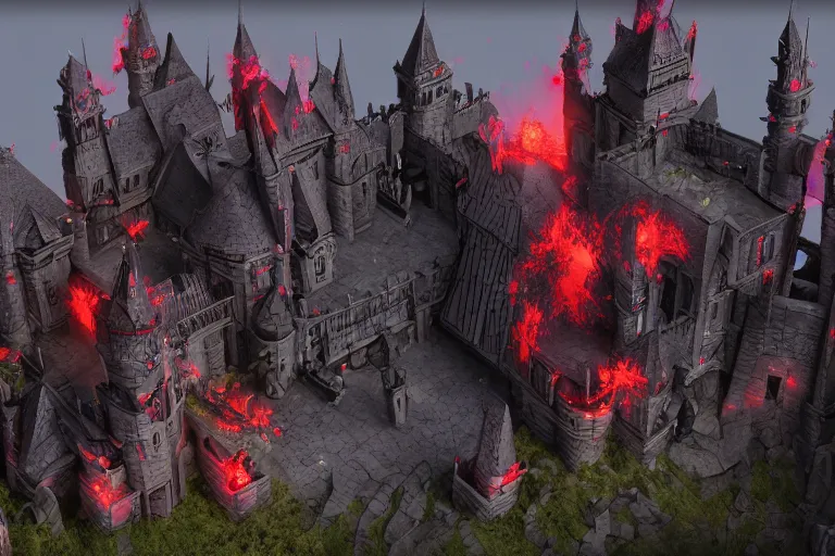 Image similar to big evil castle - city rock dark shadow elves, might and magic heroes vii, dark fantasy, shadows, artstation trending, unreal engine 5, red