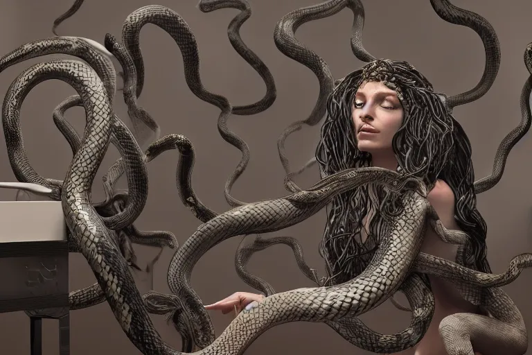 Prompt: Medusa having her snakes styled at the salon. Highly detailed, 8k resolution, ultrarealistic