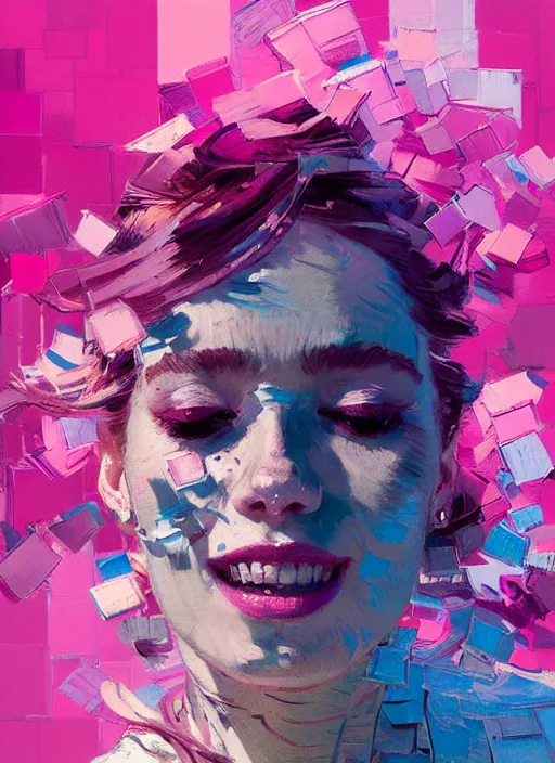 Image similar to portrait of a beautiful girl, smiling, ecstatic, dancing, eyes closed, open mouth, shades of pink and blue, beautiful face, rule of thirds, intricate outfit, spotlight, by greg rutkowski, by jeremy mann, by francoise nielly, by van gogh, digital painting