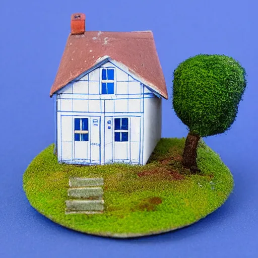 Prompt: small cute house, 1 0 0 mm, diorama, blue background, by oren leventar