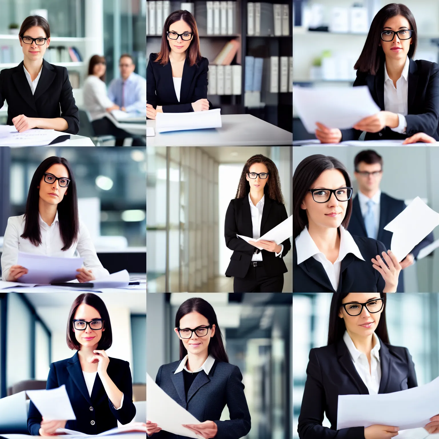 Prompt: female manager with glasses looking at resumes, full body