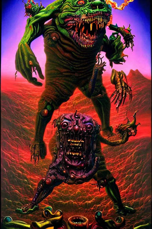 Prompt: a hyperrealistic painting of an epic boss fight against an evil physics mathematician, cinematic horror by chris cunningham, lisa frank, richard corben, highly detailed, vivid color,