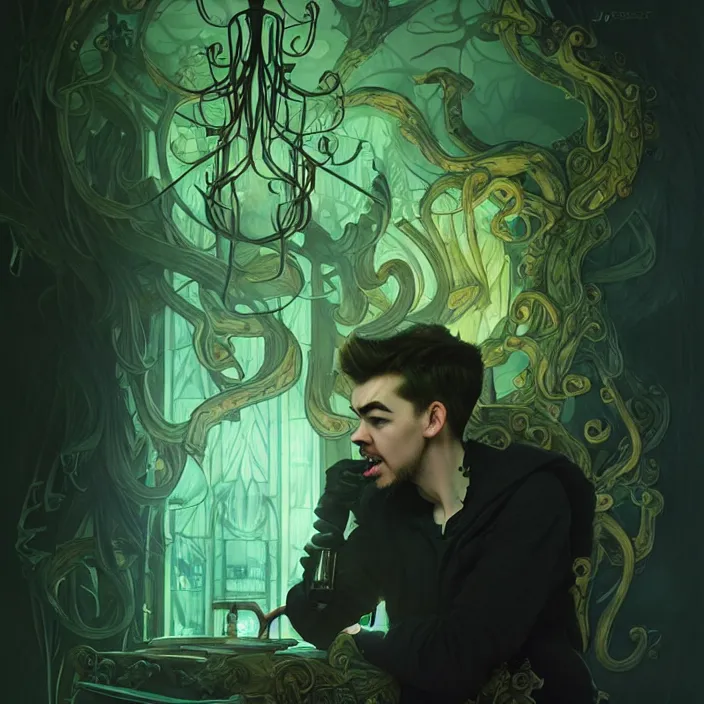 Prompt: Jacksepticeye in Monster’s Inc., Pixar, diffuse lighting, fantasy, intricate, elegant, highly detailed, lifelike, photorealistic, digital painting, artstation, illustration, concept art, smooth, sharp focus, art by John Collier and Albert Aublet and Krenz Cushart and Artem Demura and Alphonse Mucha