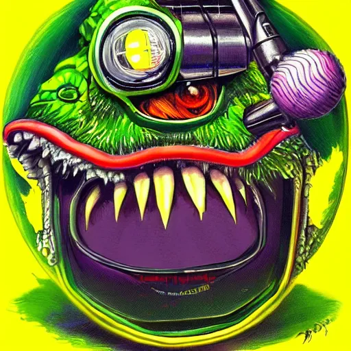 Image similar to a tennis ball monsteron a motorcyle harley davidson on a tennis court, digital art, fantasy, magic, chalk, trending on artstation, ultra detailed, professional illustration by basil gogos