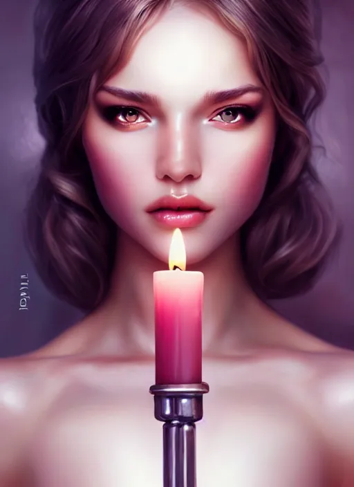 Image similar to a gorgeous female photo, professionally retouched, soft lighting, wearing shiny plastic armor, holding a candle, realistic, smooth face, perfect eyes, wide angle, sharp focus on eyes, 8 k high definition, insanely detailed, intricate, elegant, art by artgerm and wlop