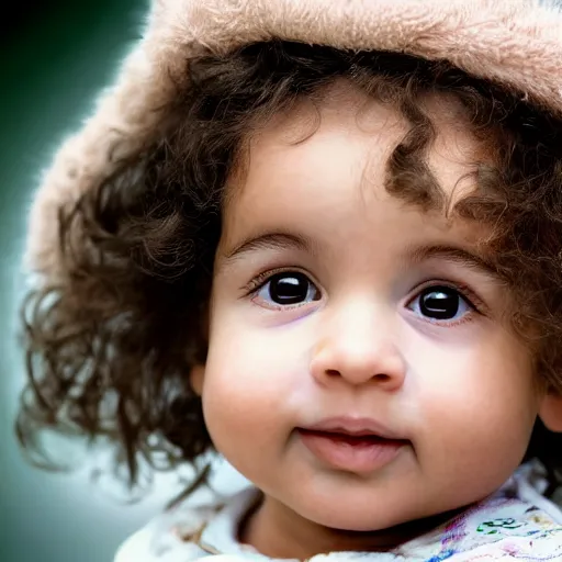 Image similar to a close up portrait of a cute baby with brown eyes and long brown curly hair, award winning photography, ultra high detail, hd, 8k, by Martin Schoeller