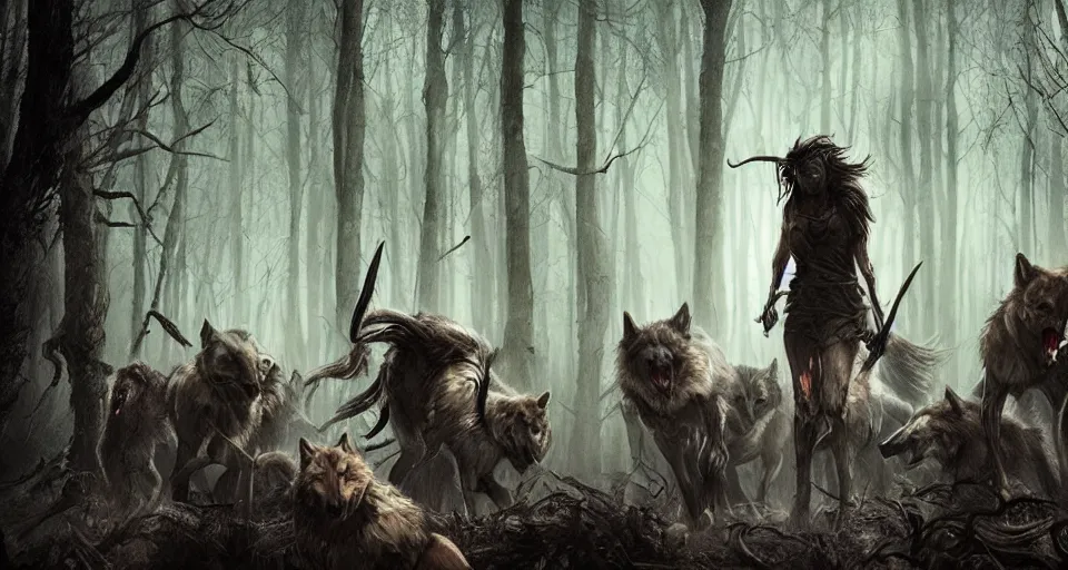 Image similar to an epic action concept masterpiece of a rabid wolfpack, in a forest made of nightmares, horrific digital art, extremely moody lighting, style of magali villeneuve