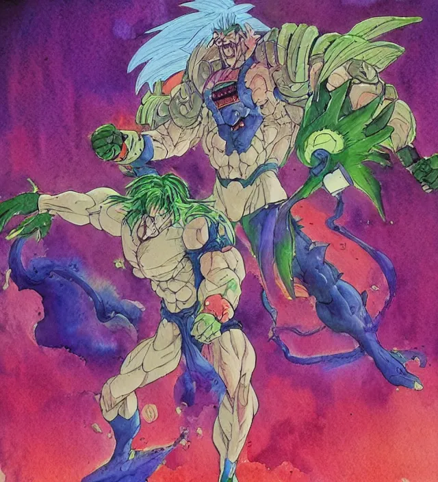 Image similar to a 3 / 4 view watercolor ink painting of broly as a demon in the style of jean giraud in the style of moebius trending on artstation deviantart pinterest detailed realistic hd 8 k high resolution