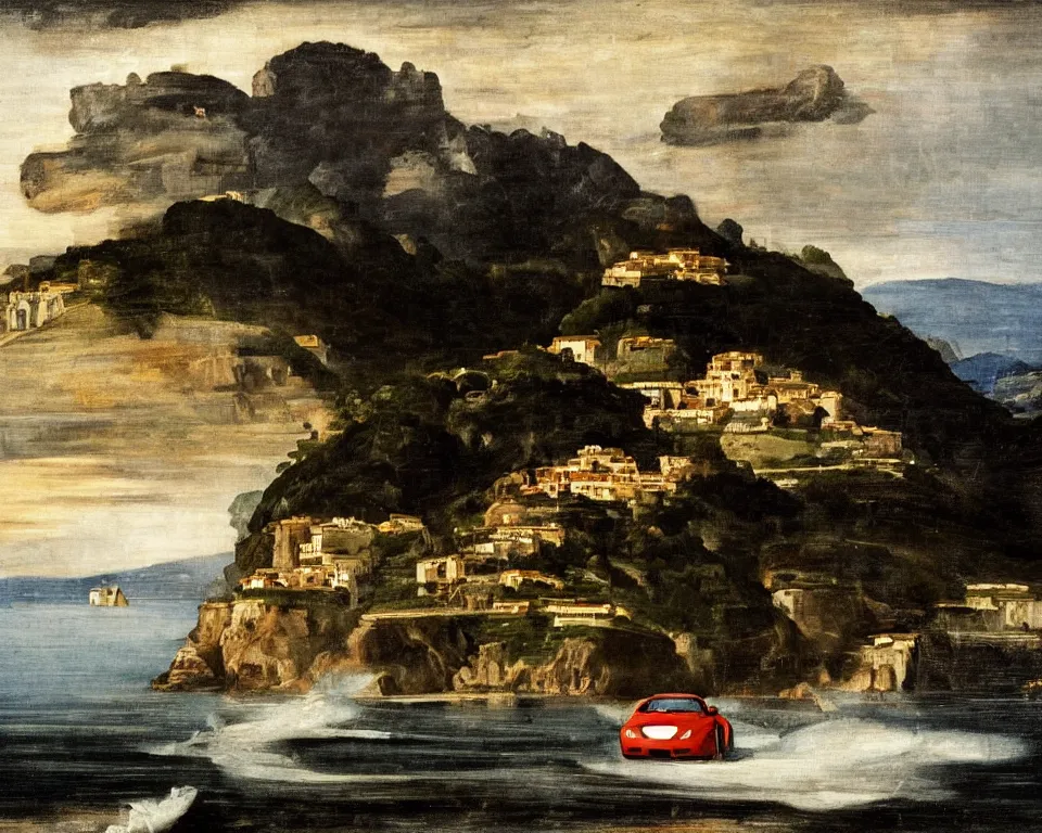 Image similar to a magnificent oil painting of a Ferrari driving along the amalfi coast, in a thunderstorm, by Raphael and Caravaggio.