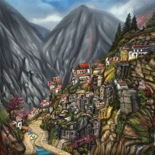 Image similar to fantasy stream punk dense city built into the side of a large mountain. houses and shops line the switchback roads along the mountain side. high quality, realistic oil painting