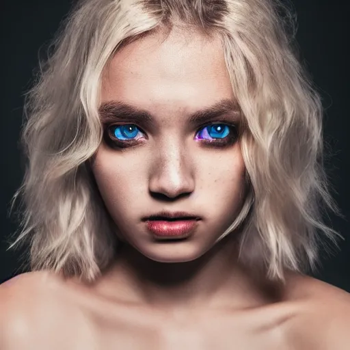 Prompt: A gorgeous blonde, grungy, glowing eyes, modelsociety, raytracing, studio lighting, perfect face, intricate, Sony a7R IV, symmetric balance, polarizing filter, Photolab, Lightroom, 4K, Dolby Vision, Photography Award