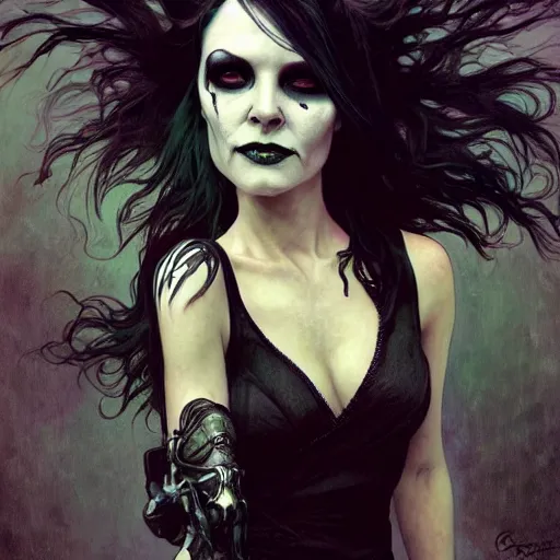 Image similar to wyona rider as death from sandman, gentle smile, by cedric peyravernay, alphonse mucha, by jeremy mann, by lecouffe deharme, goth chic, soft lightning, eyeliner, punk rock, high detailed, 8 k