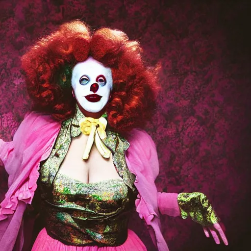 Image similar to female clown photo, wide angle lens, full body, photo by David LaChapelle