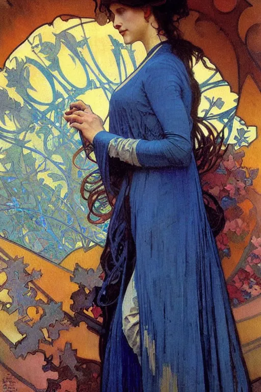 Image similar to A woman wearing blue clothes, fantasy, painting by greg rutkowski and alphonse mucha