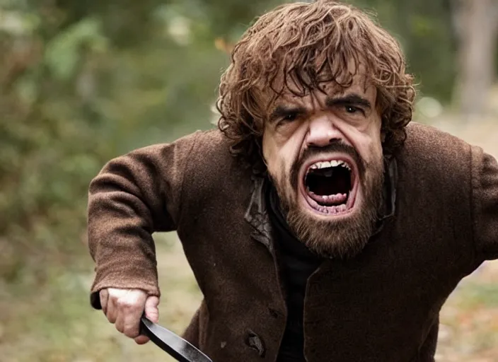 Image similar to peter dinklage knife in mouth running, movie still, from the new scream movie, 8 k, realistic