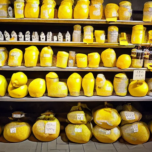Image similar to a store full of lemons, bread lemons, lemon drinks, lemon dog, lemon cat, 8 k resolution, digital art