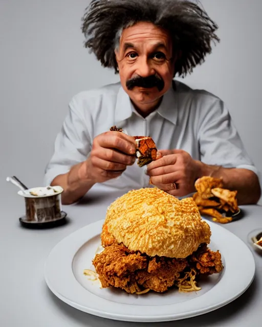 Image similar to a portrait of albert einstein sitting at the dining table with a plate containing kfc chicken in front of him, highly detailed, trending on artstation, bokeh, 9 0 mm, f / 1. 4