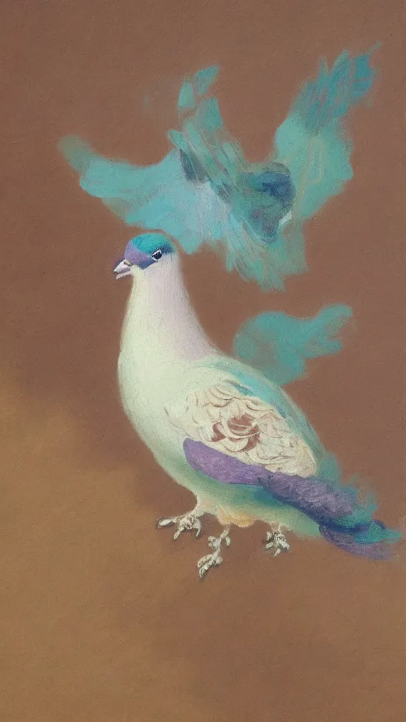 Image similar to rococo painting of a pigeon, pastel colour palette, iridescent