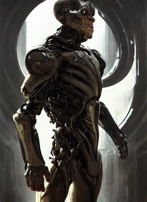 Image similar to willem dafoe as victor stone, full body concept, cyborg, borg, strogg, face of a man, terminator, flesh, quake strogg, doom demon, wolfenstein, monstrous, symmetry, symmetrical, concept art by ruan jia and greg rutkowski