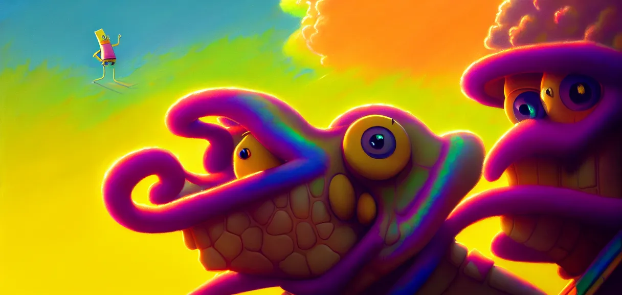 Prompt: post - minimalism portrait of spongebob, top down view, lizard king / queen forgiveing, iridescent clouds, vibrant color scheme, highly detailed, in the style of romanticism, cinematic, artstation, moebius, greg rutkowski