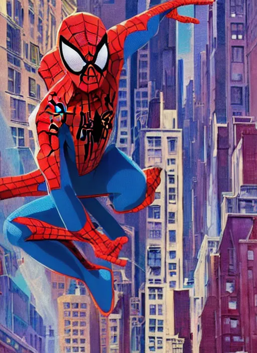 Image similar to spider - man into the spider - verse ( 2 0 1 8 ), anime key visual concept art of, spider woman standing on a balcony in new york city, golden rays, by alberto mielgo, 6 0's french movie poster, french impressionism, vivid colors, palette knife and brush strokes, fish eye lens, anaglyph